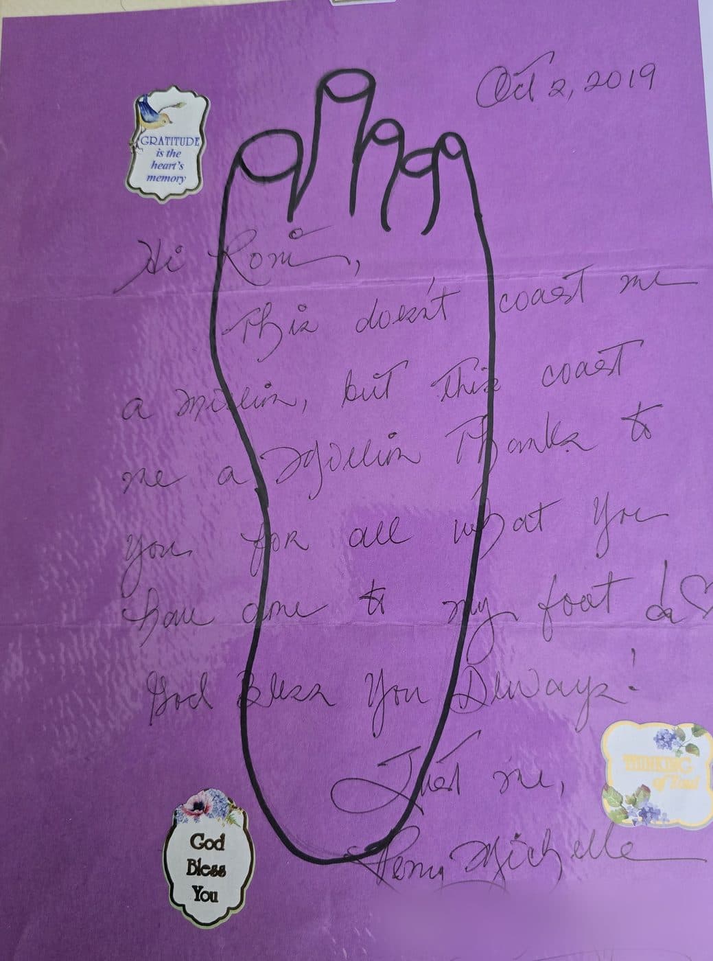 A 2019 letter to Roni Liddy on purple paper, written inside a hand-drawn outline of a foot.