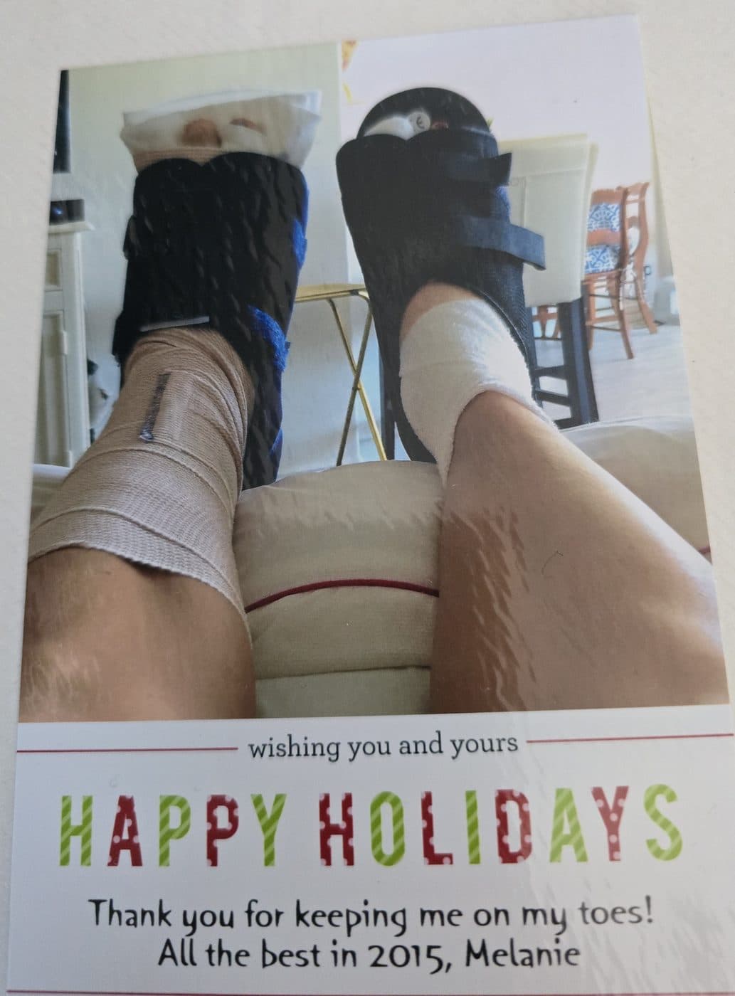 A holiday card a patient sent while recovering, thanking the practice for keeping them on their toes.