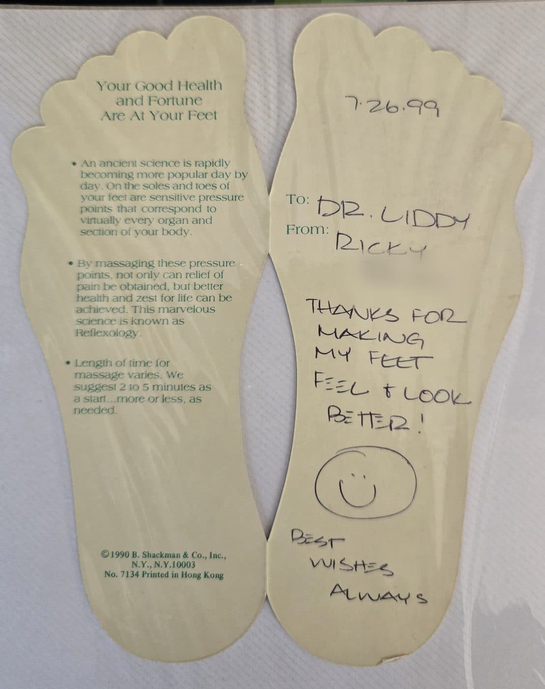 A foot-shaped reflexology card sent in 1999, thanking Dr. Liddy for making the writer's feet feel and look better.
