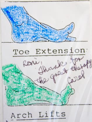 A hand-colored thank-you note illustrating a patient's foot exercises.